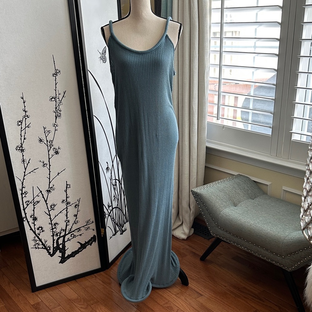 Zara Sleeveless Ribbed Maxi Dress in Dusty Teal Green - Picture 9 of 9